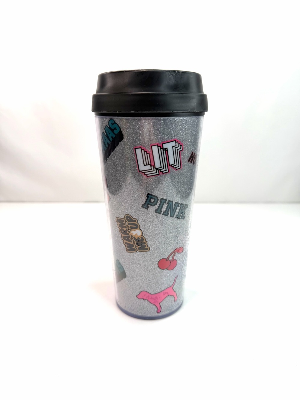 PINK Victoria's Secret Silver Glitter Travel Tumbler with Sticker Design